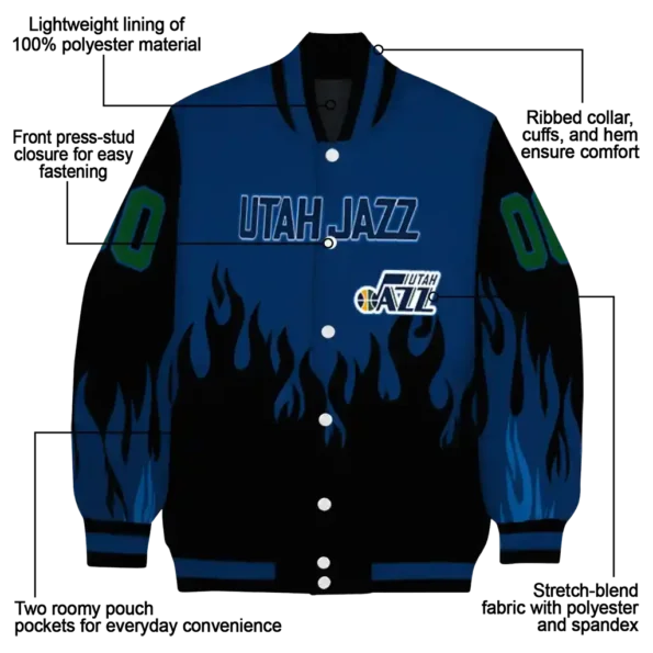 custom utah jazz flame border navy black varsity jacket new arrival.webp