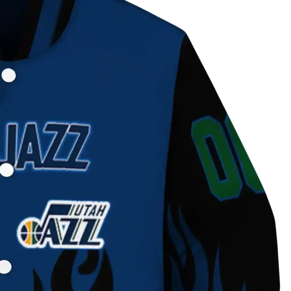 custom utah jazz flame border navy black varsity jacket premium grade.webp