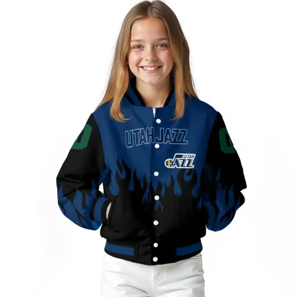 custom utah jazz flame border navy black varsity jacket top rated.webp
