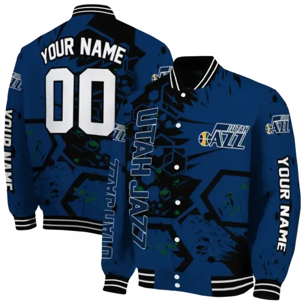 custom utah jazz hexagon cluster navy black varsity jacket fashion forward.webp