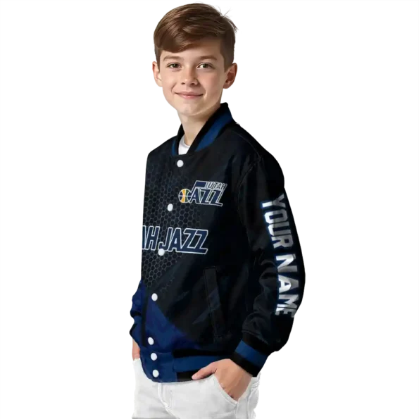 custom utah jazz hexagon mesh navy black varsity jacket trendy.webp
