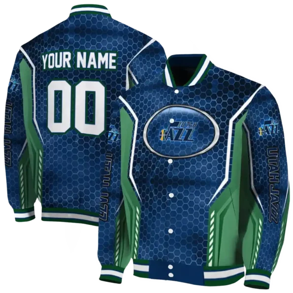 custom utah jazz power plate navy varsity jacket fashion forward.webp