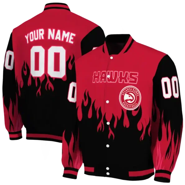 customized atlanta hawks flame border red black varsity jacket fashion forward.webp
