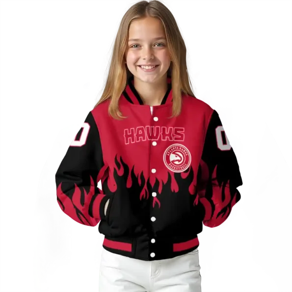 customized atlanta hawks flame border red black varsity jacket top rated.webp