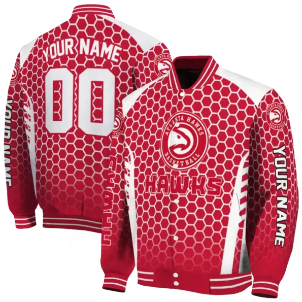 customized atlanta hawks hexagon grid red varsity jacket fashion forward.webp