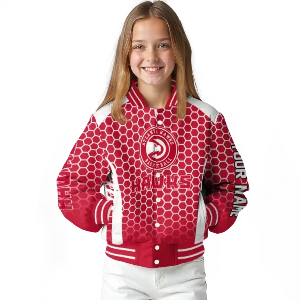 customized atlanta hawks hexagon grid red varsity jacket top rated.webp