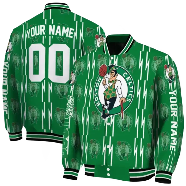 customized boston celtics bolt stripe green varsity jacket fashion forward.webp