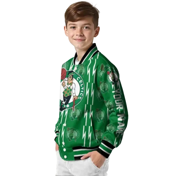 customized boston celtics bolt stripe green varsity jacket trendy.webp