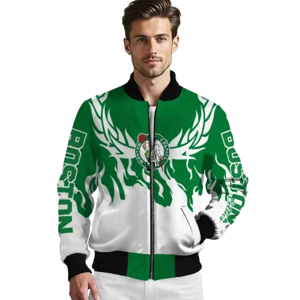 customized boston celtics winged blaze green white bomber jacket high quality