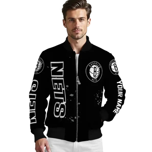 customized brooklyn nets hexagon cluster black bomber jacket high quality