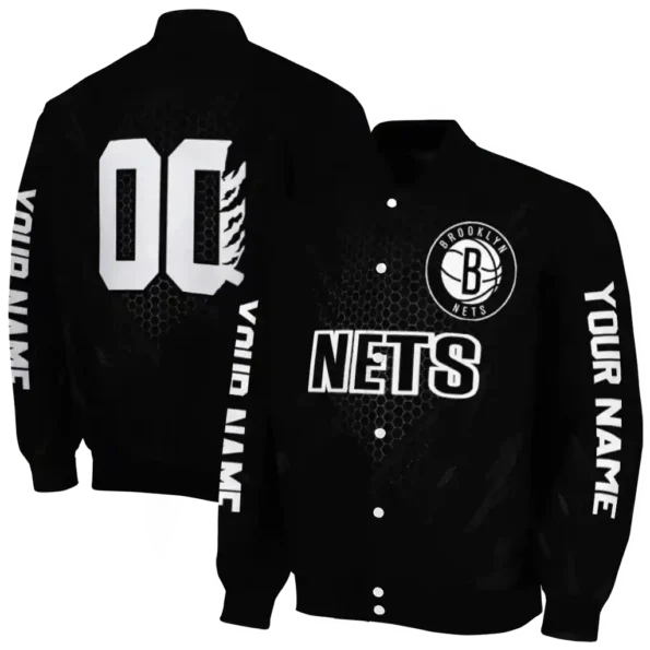 customized brooklyn nets hexagon mesh black varsity jacket fashion forward.webp