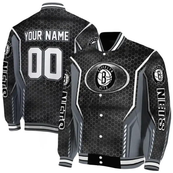 customized brooklyn nets power plate black varsity jacket fashion forward.webp