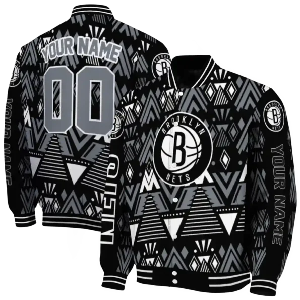 customized brooklyn nets pyramid shapes black varsity jacket fashion forward.webp