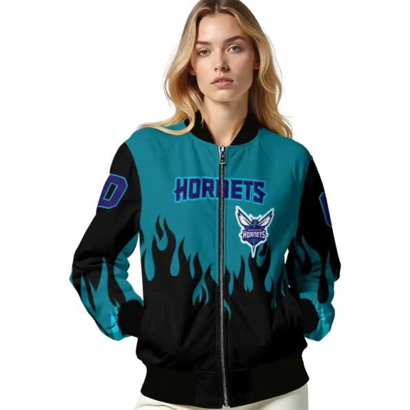 customized charlotte hornets flame border teal black bomber jacket latest model
