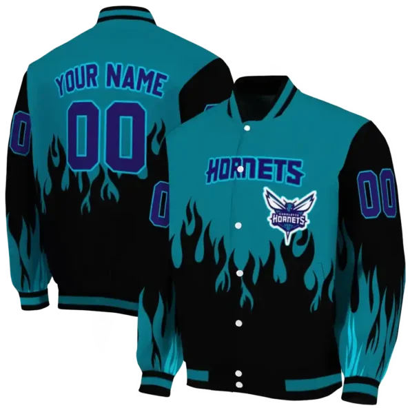 customized charlotte hornets flame border teal black varsity jacket fashion forward.webp