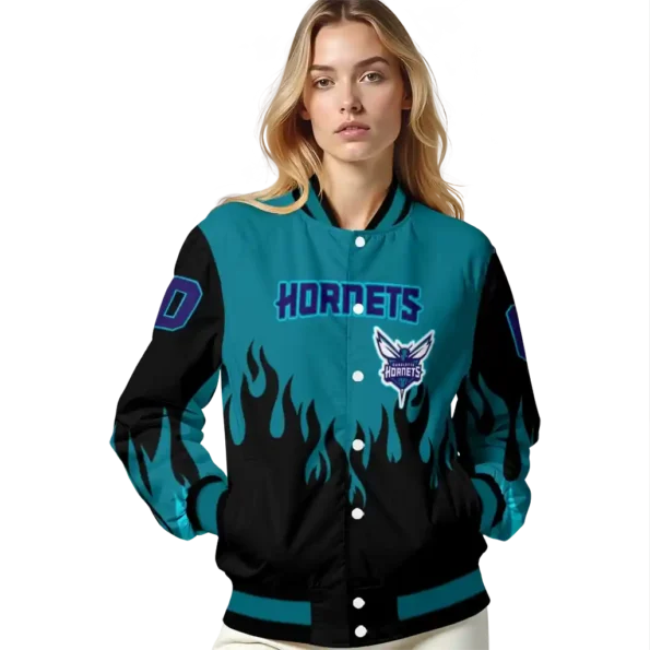 customized charlotte hornets flame border teal black varsity jacket latest model.webp