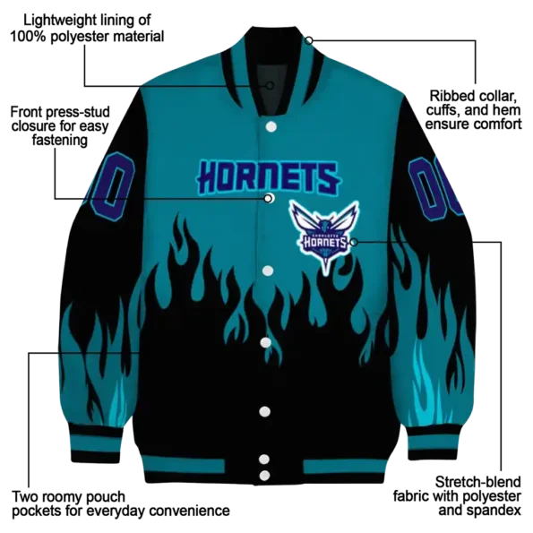 customized charlotte hornets flame border teal black varsity jacket new arrival.webp