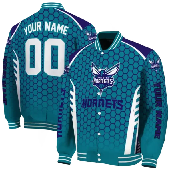 customized charlotte hornets hexagon grid teal varsity jacket fashion forward.webp