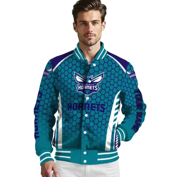 customized charlotte hornets hexagon grid teal varsity jacket high quality.webp