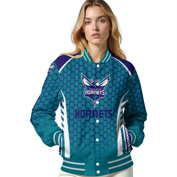 customized charlotte hornets hexagon grid teal varsity jacket latest model.webp