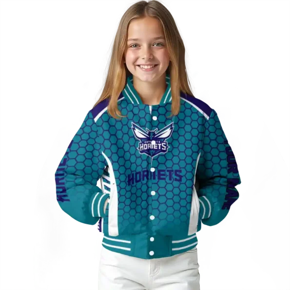 customized charlotte hornets hexagon grid teal varsity jacket top rated.webp