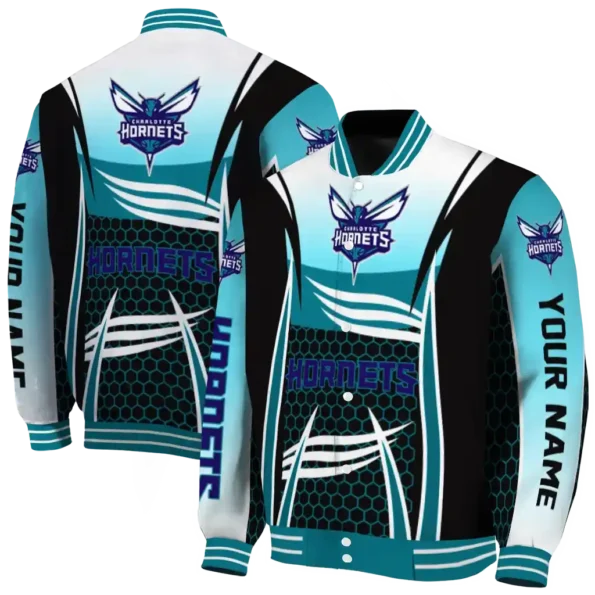 customized charlotte hornets mesh effect teal black varsity jacket fashion forward.webp