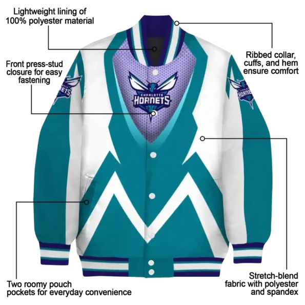 customized charlotte hornets v stripes teal white varsity jacket new arrival.webp