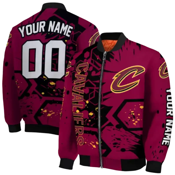 customized cleveland cavaliers hexagon cluster wine black bomber jacket fashion forward