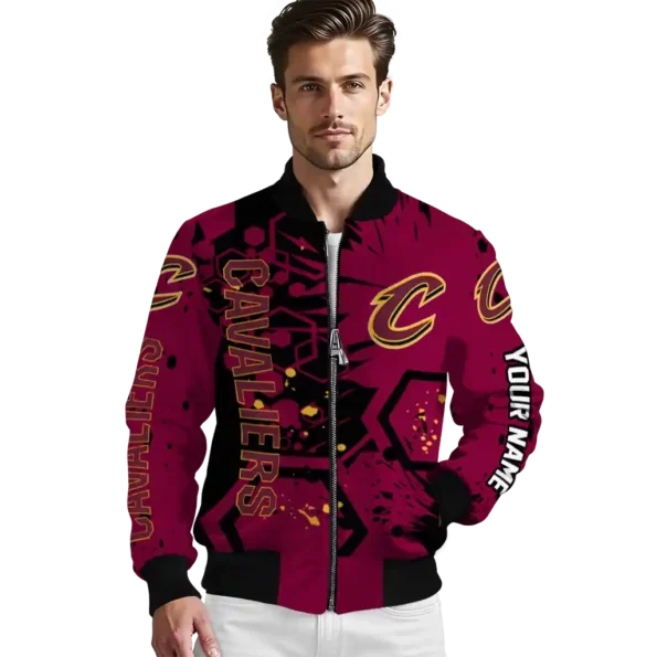 customized cleveland cavaliers hexagon cluster wine black bomber jacket high quality