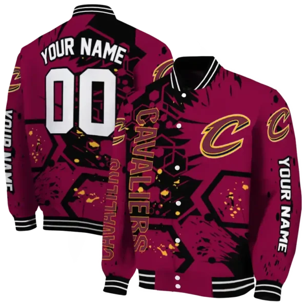 customized cleveland cavaliers hexagon cluster wine black varsity jacket fashion forward.webp