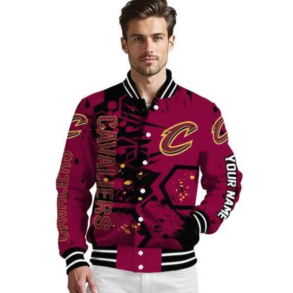customized cleveland cavaliers hexagon cluster wine black varsity jacket high quality.webp