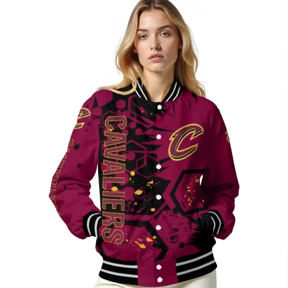 customized cleveland cavaliers hexagon cluster wine black varsity jacket latest model.webp