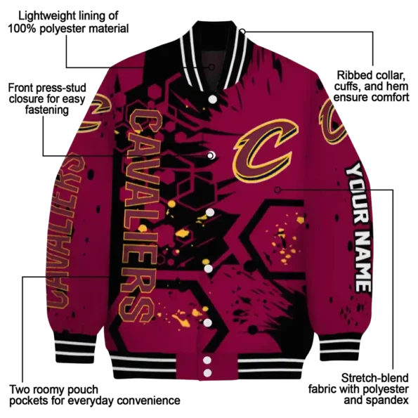 customized cleveland cavaliers hexagon cluster wine black varsity jacket new arrival.webp