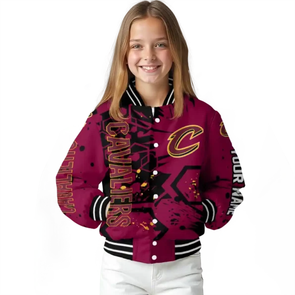 customized cleveland cavaliers hexagon cluster wine black varsity jacket top rated.webp