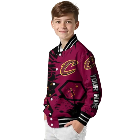 customized cleveland cavaliers hexagon cluster wine black varsity jacket trendy.webp