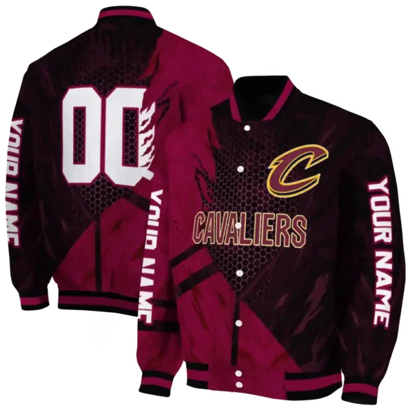 customized cleveland cavaliers hexagon mesh wine black varsity jacket fashion forward.webp