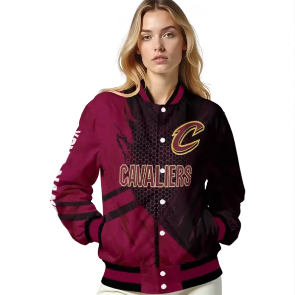 customized cleveland cavaliers hexagon mesh wine black varsity jacket latest model.webp