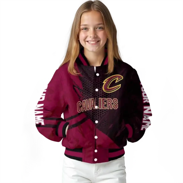 customized cleveland cavaliers hexagon mesh wine black varsity jacket top rated.webp
