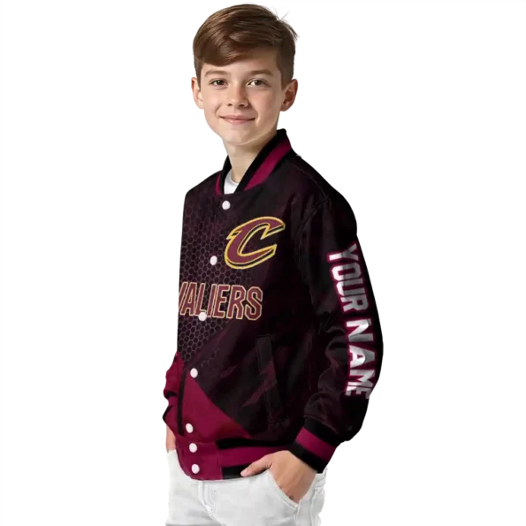 customized cleveland cavaliers hexagon mesh wine black varsity jacket trendy.webp