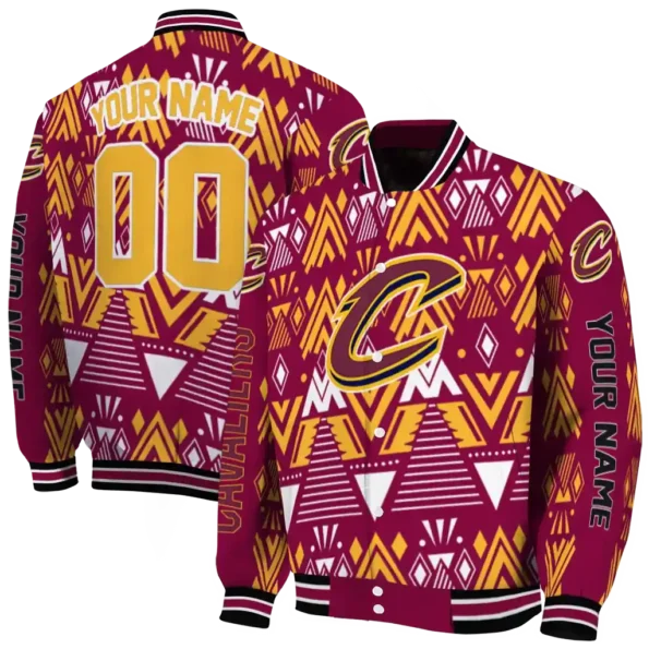 customized cleveland cavaliers pyramid shapes wine varsity jacket fashion forward.webp