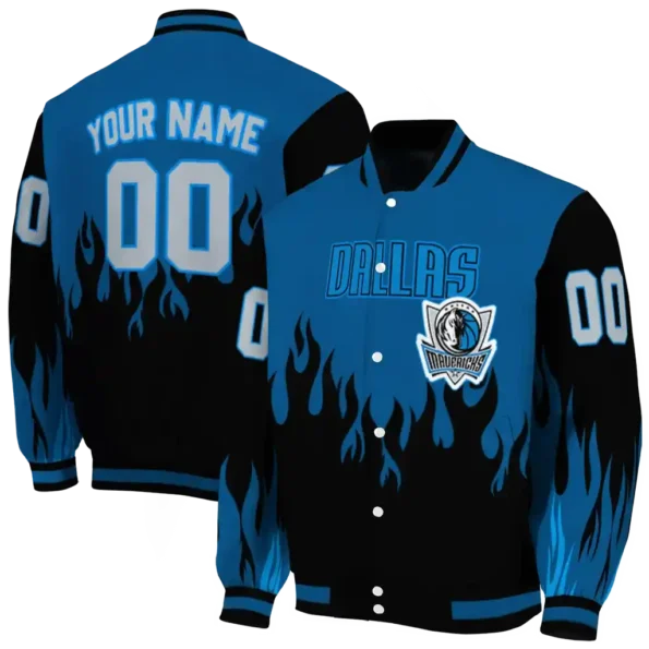 customized dallas mavericks flame border blue black varsity jacket fashion forward.webp