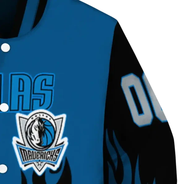 customized dallas mavericks flame border blue black varsity jacket premium grade.webp