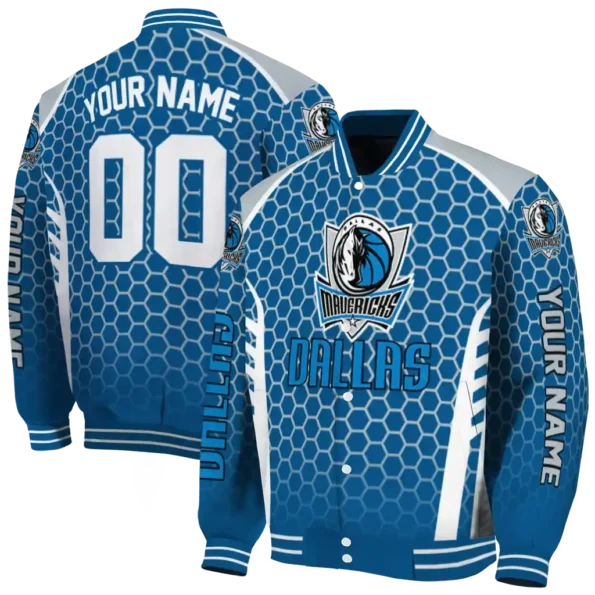 customized dallas mavericks hexagon grid blue varsity jacket fashion forward.webp