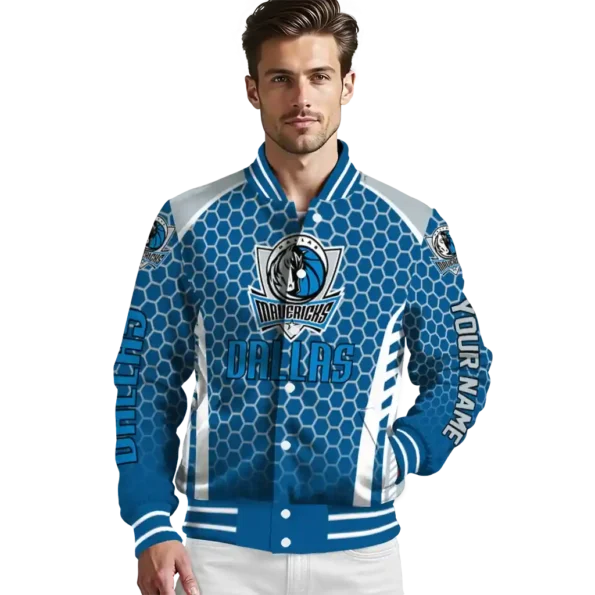 customized dallas mavericks hexagon grid blue varsity jacket high quality.webp