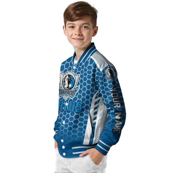 customized dallas mavericks hexagon grid blue varsity jacket trendy.webp