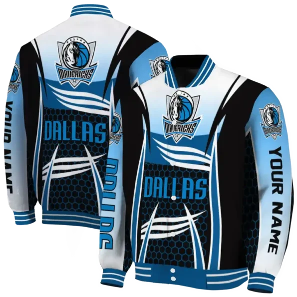 customized dallas mavericks mesh effect blue black varsity jacket fashion forward.webp