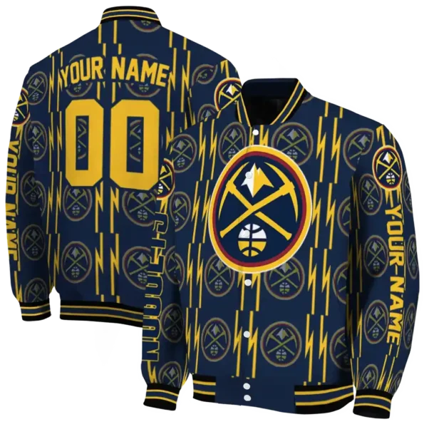 customized denver nuggets bolt stripe blue varsity jacket fashion forward.webp