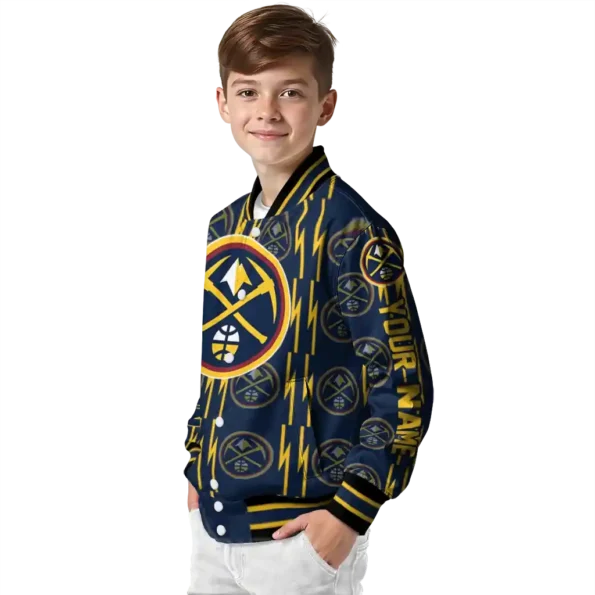 customized denver nuggets bolt stripe blue varsity jacket trendy.webp