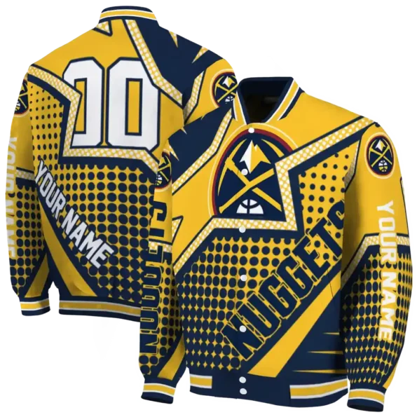 customized denver nuggets star burst blue varsity jacket fashion forward.webp
