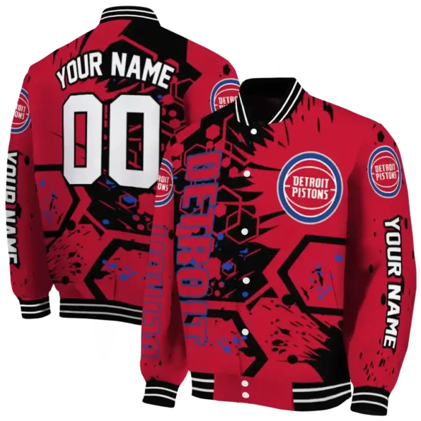 customized detroit pistons hexagon cluster red black varsity jacket fashion forward.webp